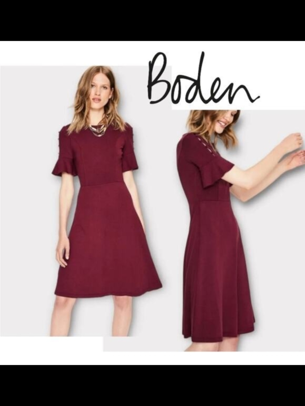 Boden Women's Alexis Dress Burgundy Wine Fluted Sleeve Fit-and-Flare Dress